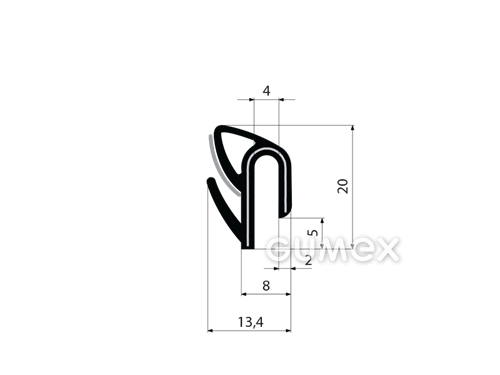 Profil gumový tvaru "U" so sametkou, 20x13,4/4mm, dĺžka 5000mm, 60°ShA, EPDM, -40°C/+100°C, čierny